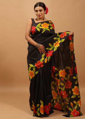 Black Printed Pure Silk Saree Without Blouse Piece