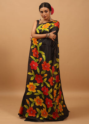 Black Printed Pure Silk Saree Without Blouse Piece