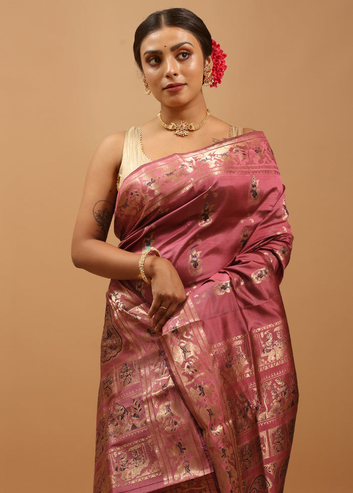 Pink Handloom Baluchari Pure Silk Saree With Blouse Piece