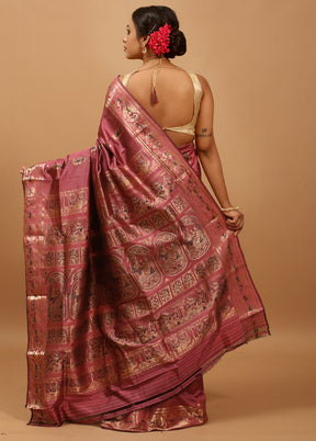 Pink Handloom Baluchari Pure Silk Saree With Blouse Piece