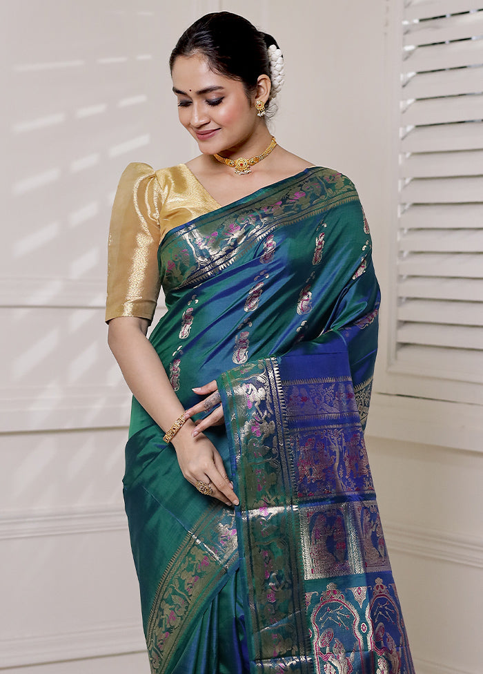 Green Handloom Baluchari Pure Silk Saree With Blouse Piece