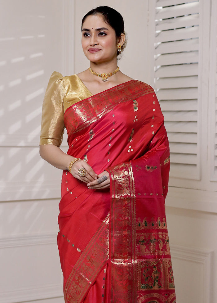 Red Handloom Baluchari Pure Silk Saree With Blouse Piece