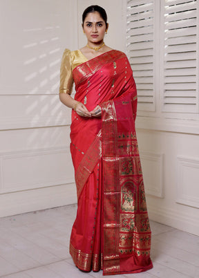 Red Handloom Baluchari Pure Silk Saree With Blouse Piece