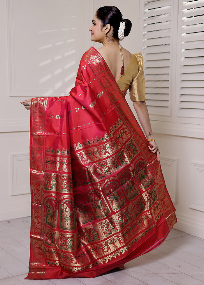 Red Handloom Baluchari Pure Silk Saree With Blouse Piece