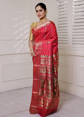 Red Handloom Baluchari Pure Silk Saree With Blouse Piece