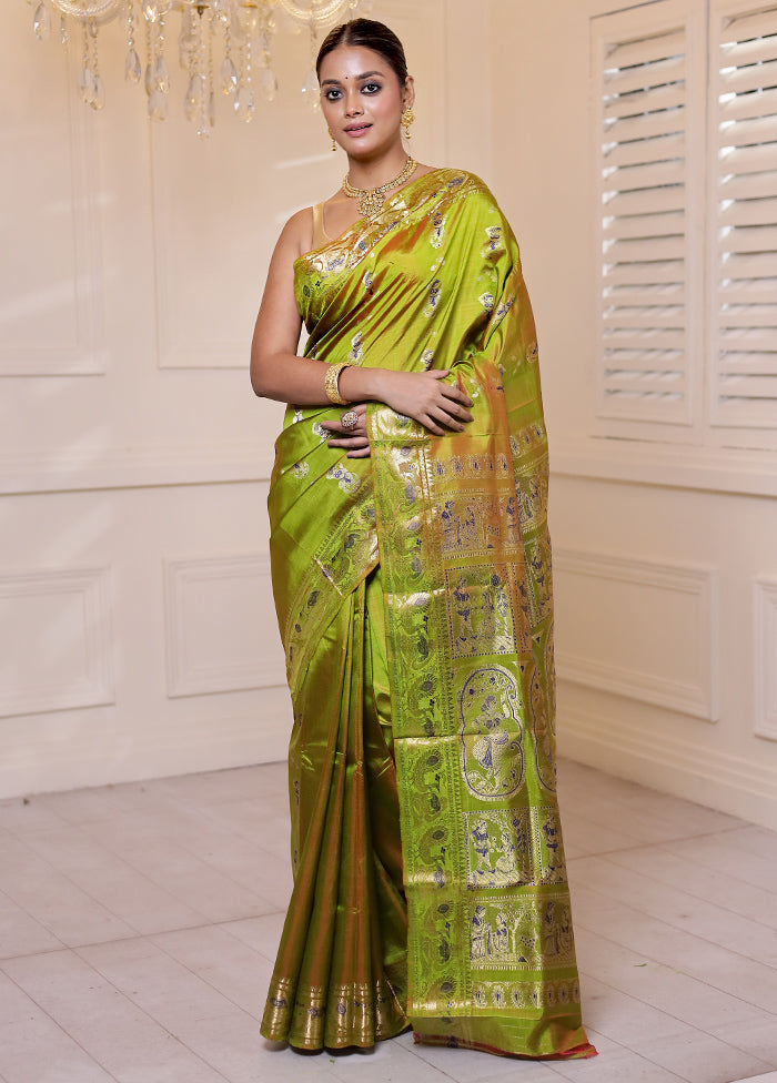 Green Handloom Baluchari Pure Silk Saree With Blouse Piece