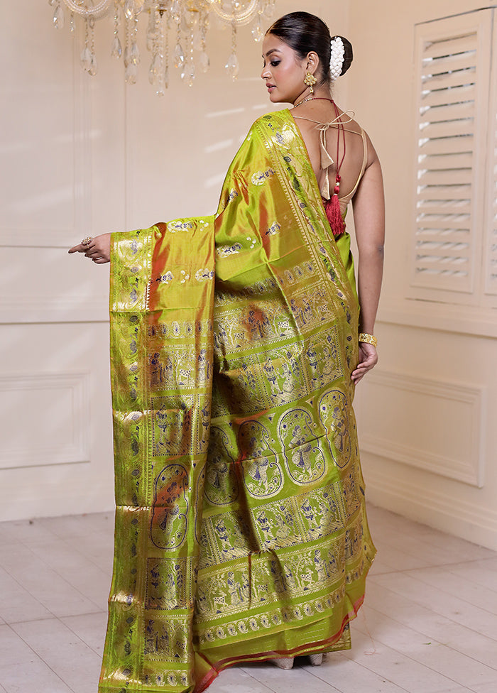 Green Handloom Baluchari Pure Silk Saree With Blouse Piece