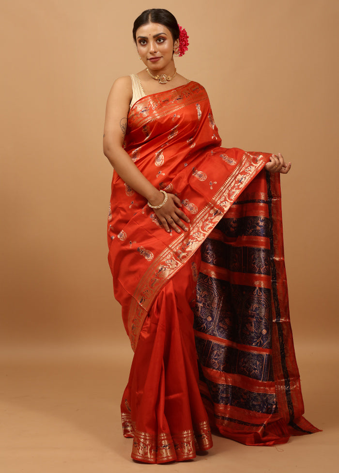 Rust Handloom Baluchari Pure Silk Saree With Blouse Piece