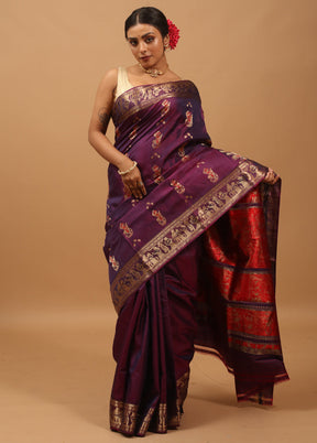 Purple Handloom Baluchari Pure Silk Saree With Blouse Piece