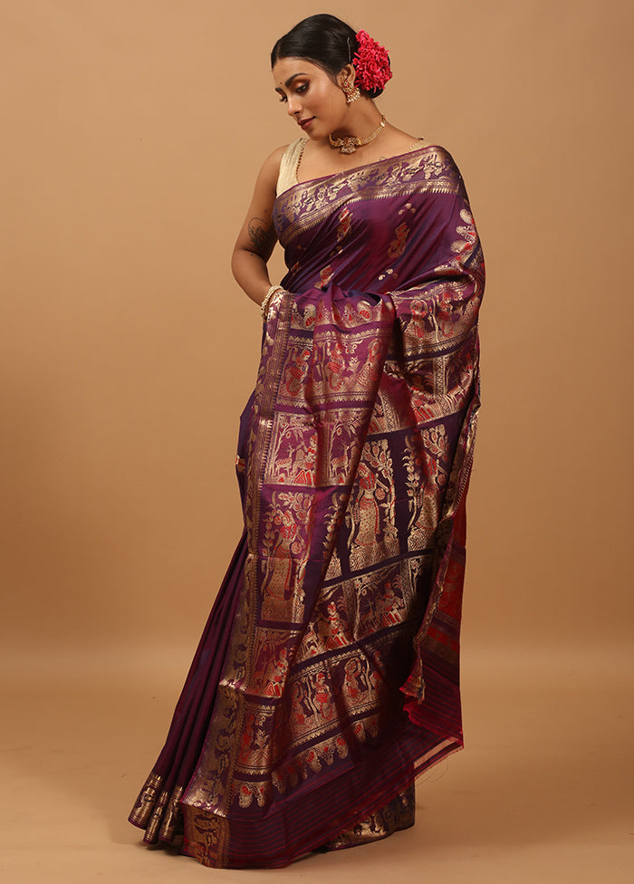 Purple Handloom Baluchari Pure Silk Saree With Blouse Piece