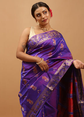 Purple Handloom Baluchari Pure Silk Saree With Blouse Piece