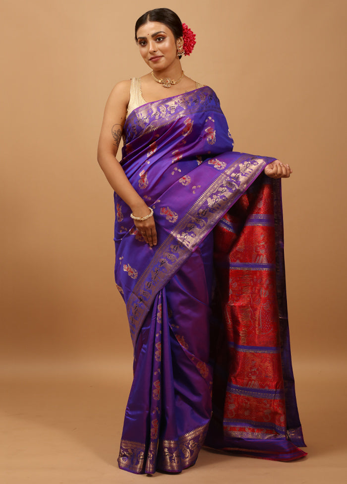 Purple Handloom Baluchari Pure Silk Saree With Blouse Piece