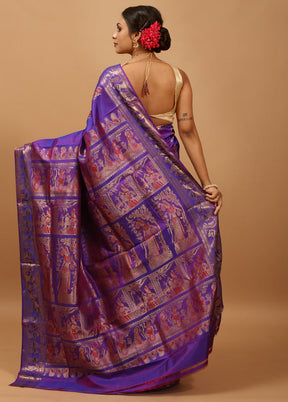 Purple Handloom Baluchari Pure Silk Saree With Blouse Piece