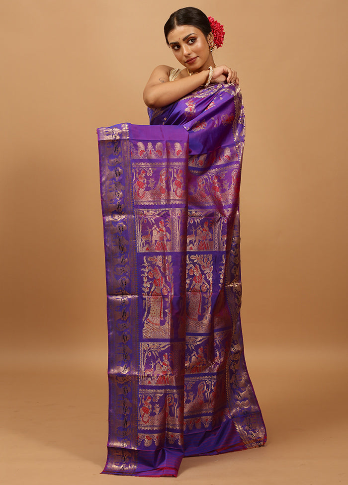 Purple Handloom Baluchari Pure Silk Saree With Blouse Piece