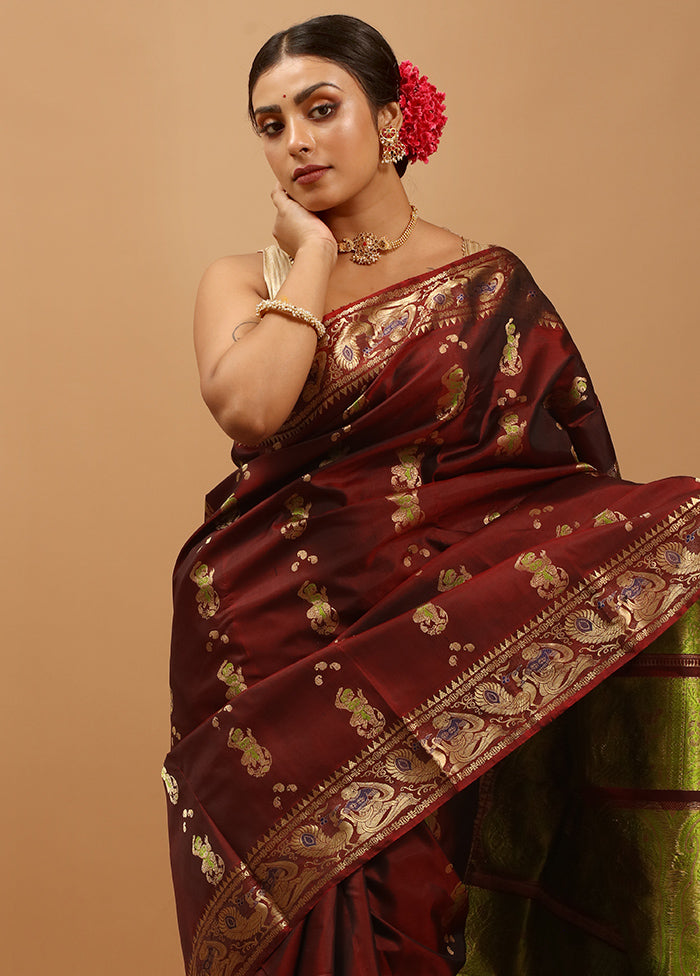 Maroon Handloom Baluchari Pure Silk Saree With Blouse Piece