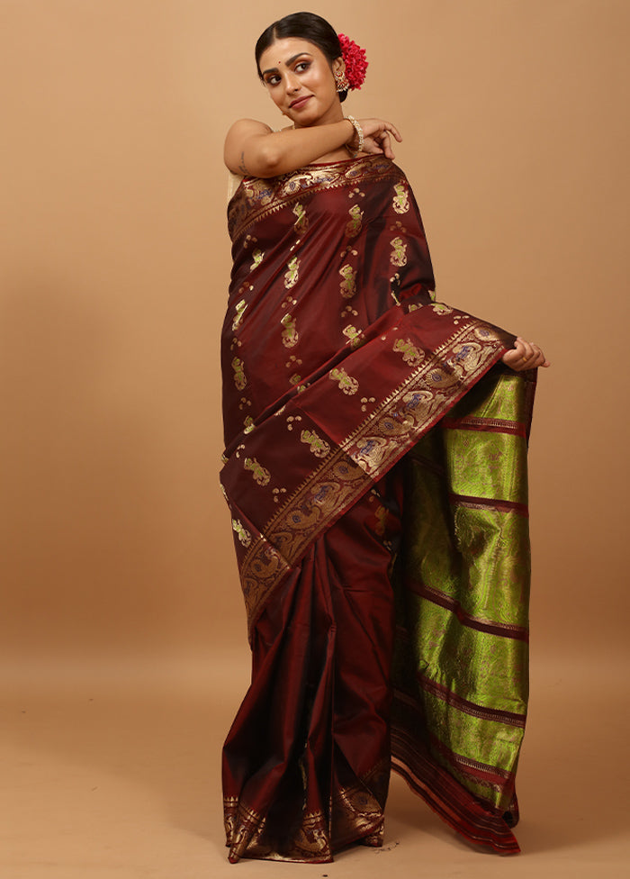 Maroon Handloom Baluchari Pure Silk Saree With Blouse Piece