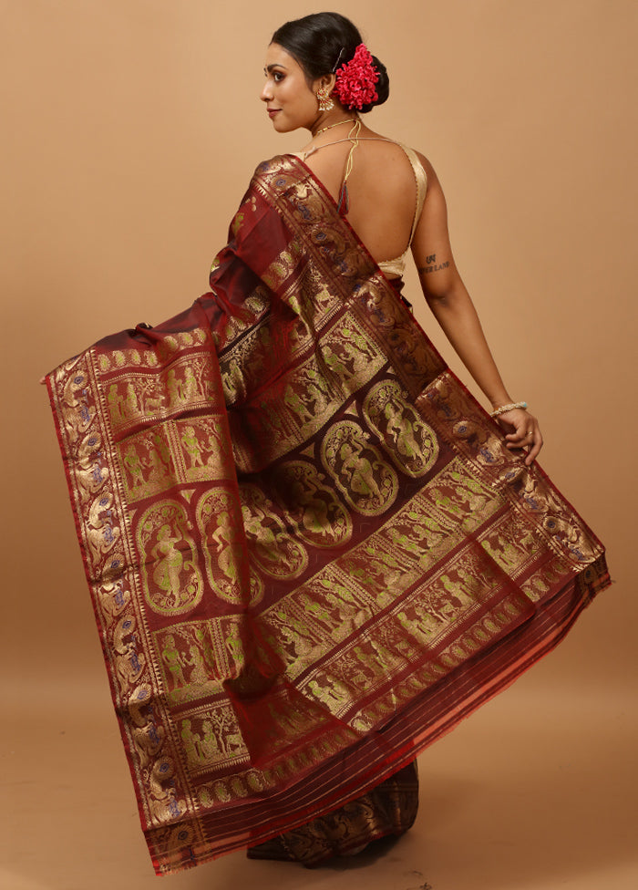 Maroon Handloom Baluchari Pure Silk Saree With Blouse Piece