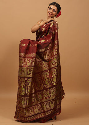 Maroon Handloom Baluchari Pure Silk Saree With Blouse Piece