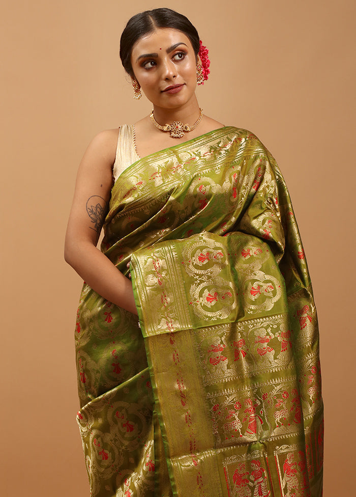 Green Handloom Baluchari Pure Silk Saree With Blouse Piece