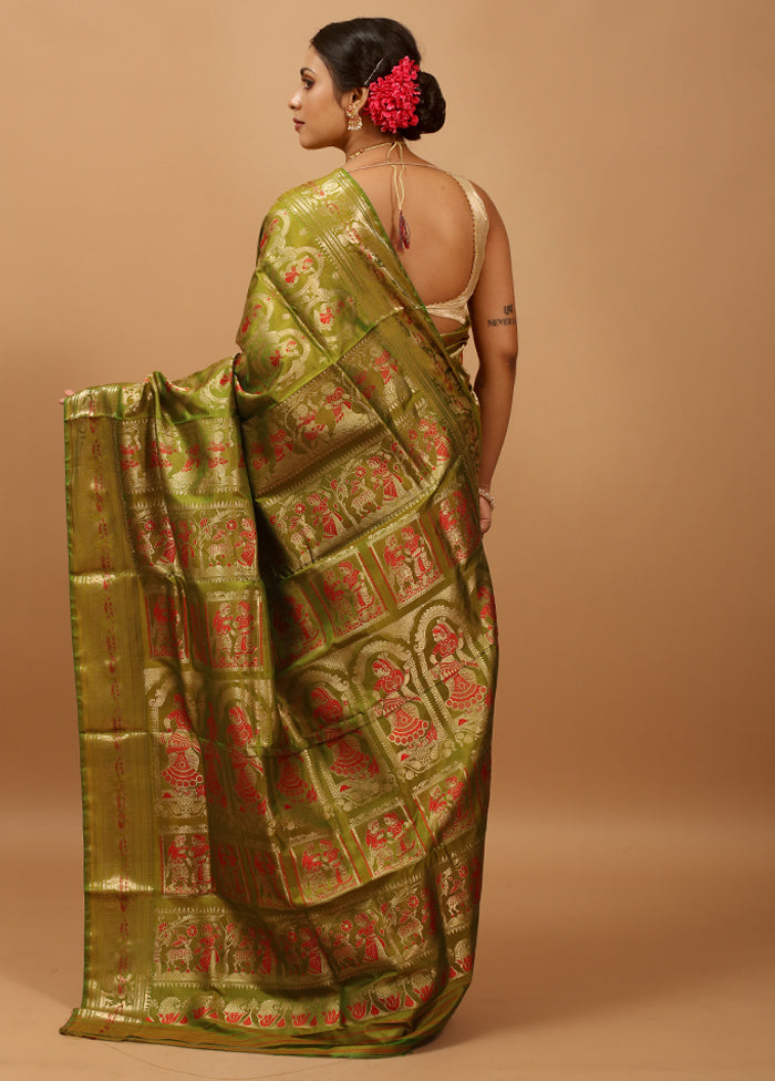 Green Handloom Baluchari Pure Silk Saree With Blouse Piece