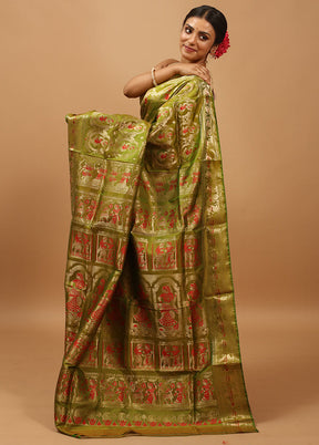 Green Handloom Baluchari Pure Silk Saree With Blouse Piece