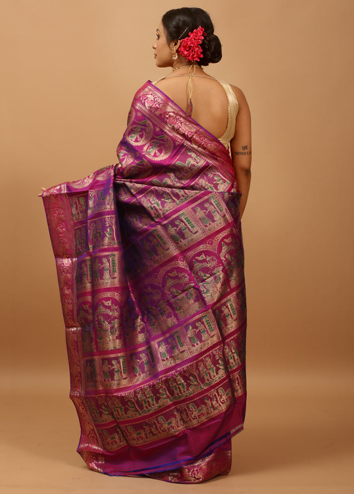 Purple Handloom Baluchari Pure Silk Saree With Blouse Piece