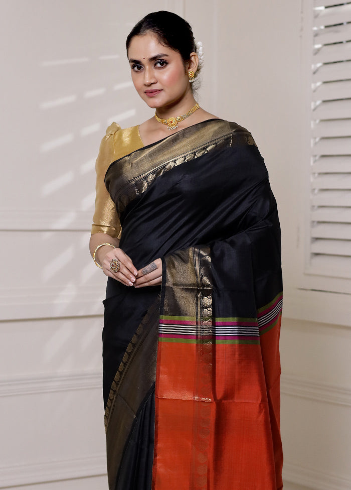 Black Kalakshetra Kanjivaram Silk Saree With Blouse Piece