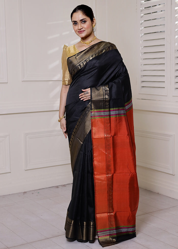 Black Kalakshetra Kanjivaram Silk Saree With Blouse Piece