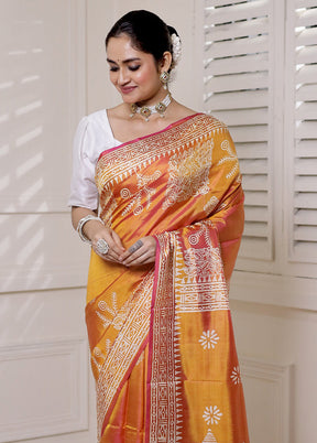 Orange Pure Bishnupuri Silk Saree Without Blouse Piece