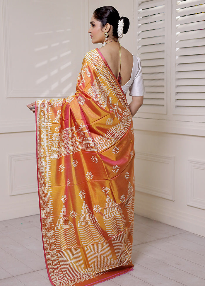 Orange Pure Bishnupuri Silk Saree Without Blouse Piece