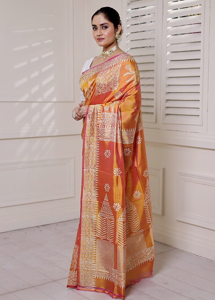 Orange Pure Bishnupuri Silk Saree Without Blouse Piece