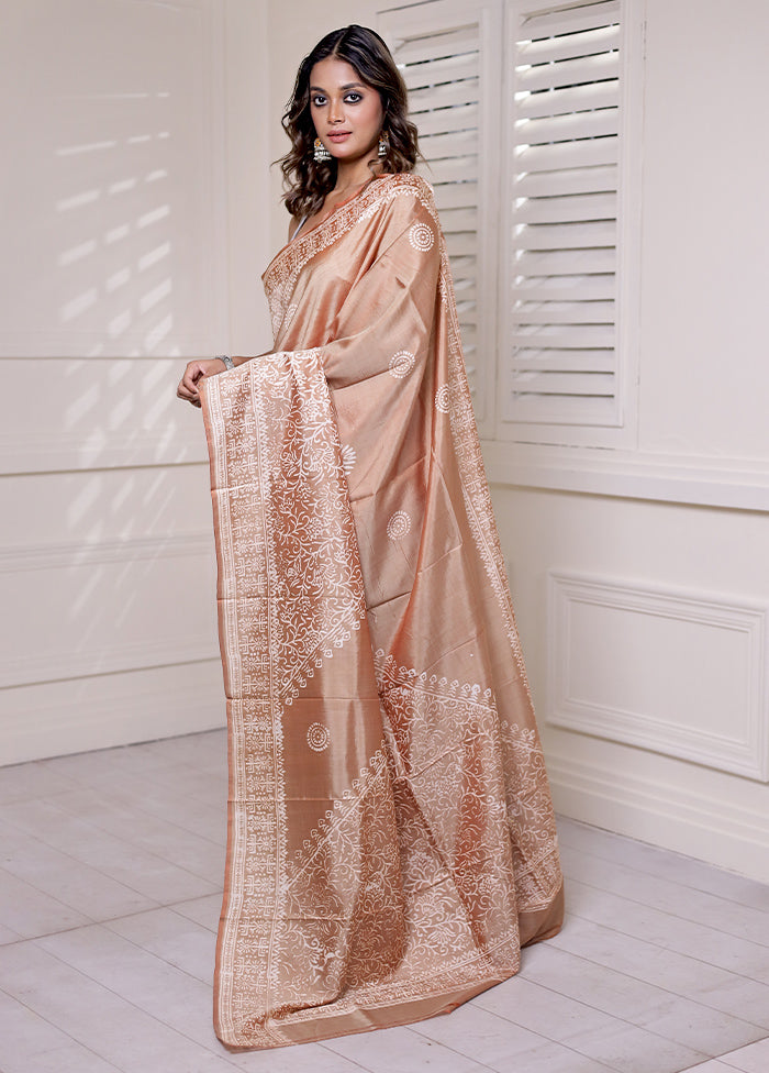 Peach Pure Bishnupuri Silk Saree Without Blouse Piece