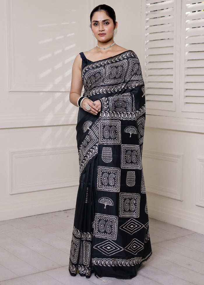 Black Pure Bishnupuri Silk Saree Without Blouse Piece