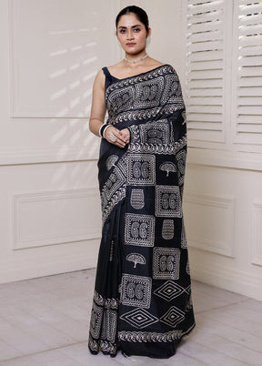 Black Pure Bishnupuri Silk Saree Without Blouse Piece