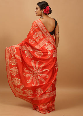 Orange Pure Bishnupuri Silk Saree Without Blouse Piece