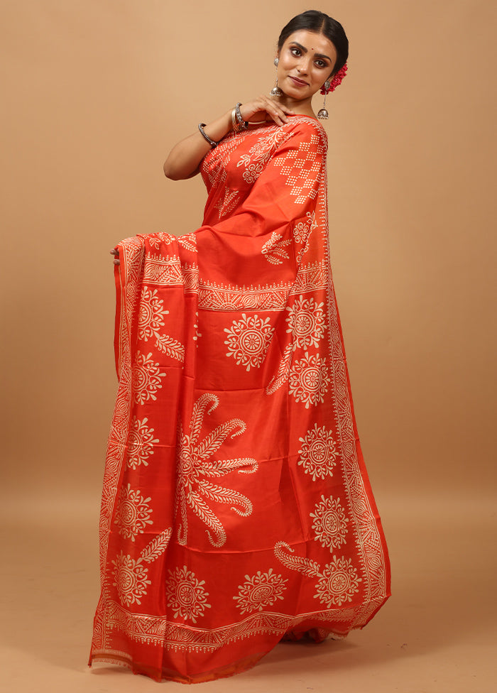 Orange Pure Bishnupuri Silk Saree Without Blouse Piece