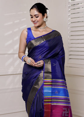 Blue Kalakshetra Kanjivaram Silk Saree With Blouse Piece