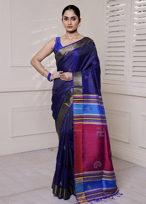 Blue Kalakshetra Kanjivaram Silk Saree With Blouse Piece