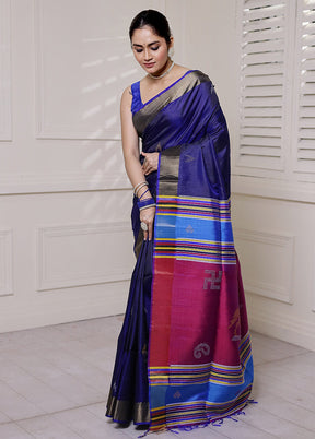 Blue Kalakshetra Kanjivaram Silk Saree With Blouse Piece