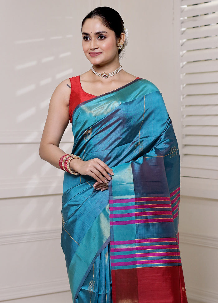 Blue Kalakshetra Kanjivaram Silk Saree With Blouse Piece