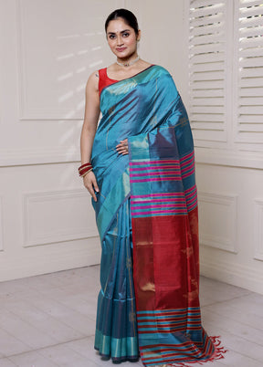 Blue Kalakshetra Kanjivaram Silk Saree With Blouse Piece