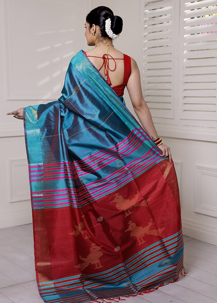 Blue Kalakshetra Kanjivaram Silk Saree With Blouse Piece