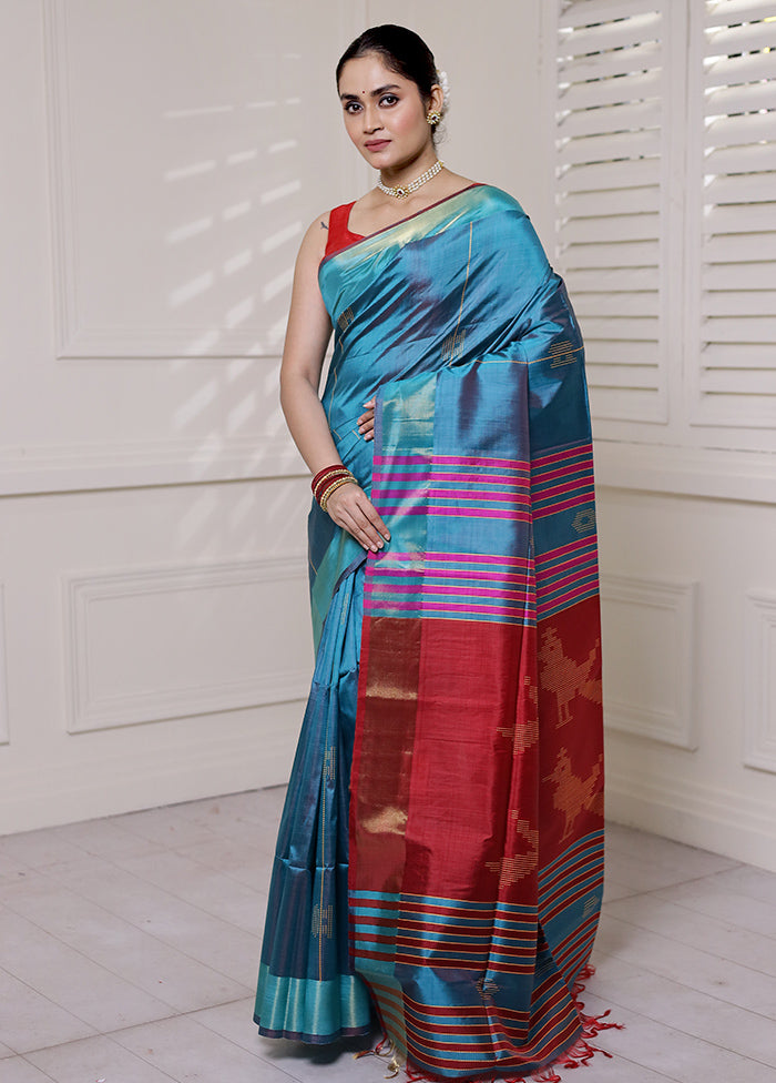 Blue Kalakshetra Kanjivaram Silk Saree With Blouse Piece