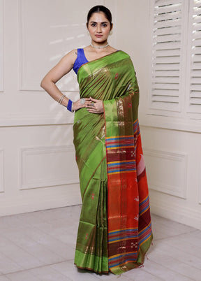 Green Kalakshetra Kanjivaram Silk Saree With Blouse Piece