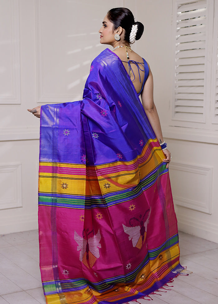 Blue Kalakshetra Kanjivaram Silk Saree With Blouse Piece