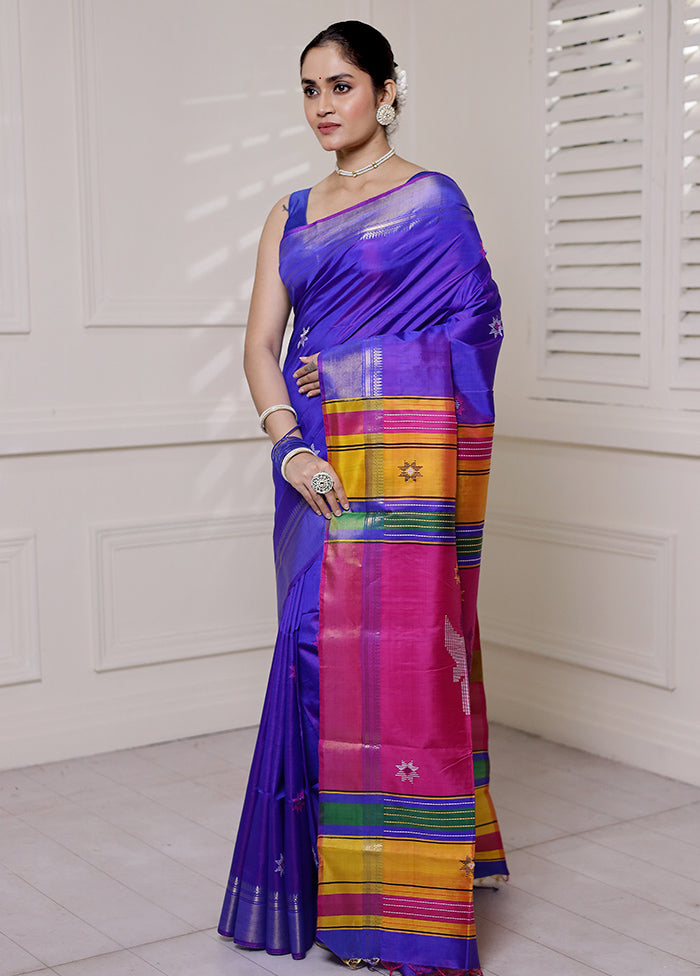 Blue Kalakshetra Kanjivaram Silk Saree With Blouse Piece