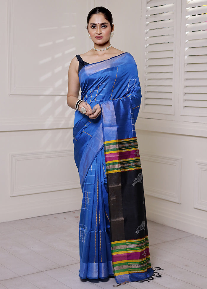 Blue Kalakshetra Kanjivaram Silk Saree With Blouse Piece