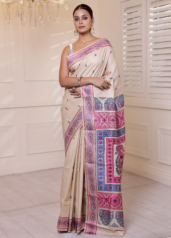 Cream Handloom Baluchari Pure Silk Saree With Blouse Piece