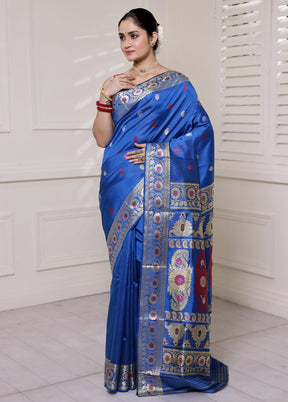 Blue Handloom Baluchari Pure Silk Saree With Blouse Piece