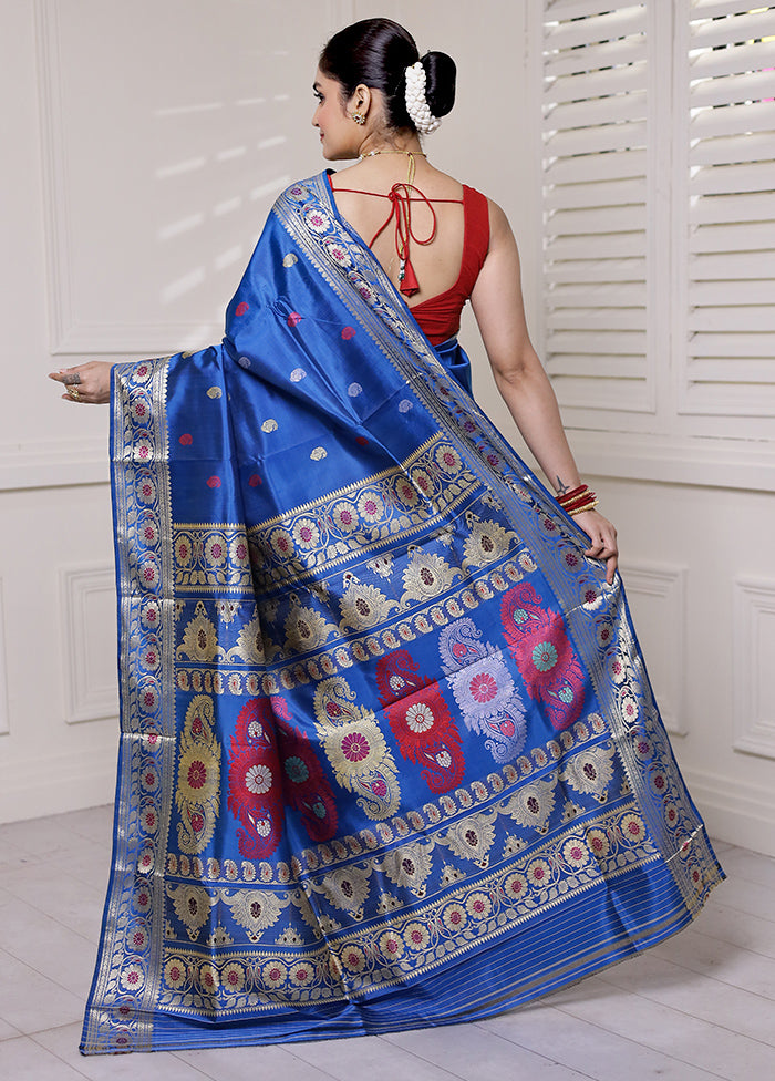 Blue Handloom Baluchari Pure Silk Saree With Blouse Piece